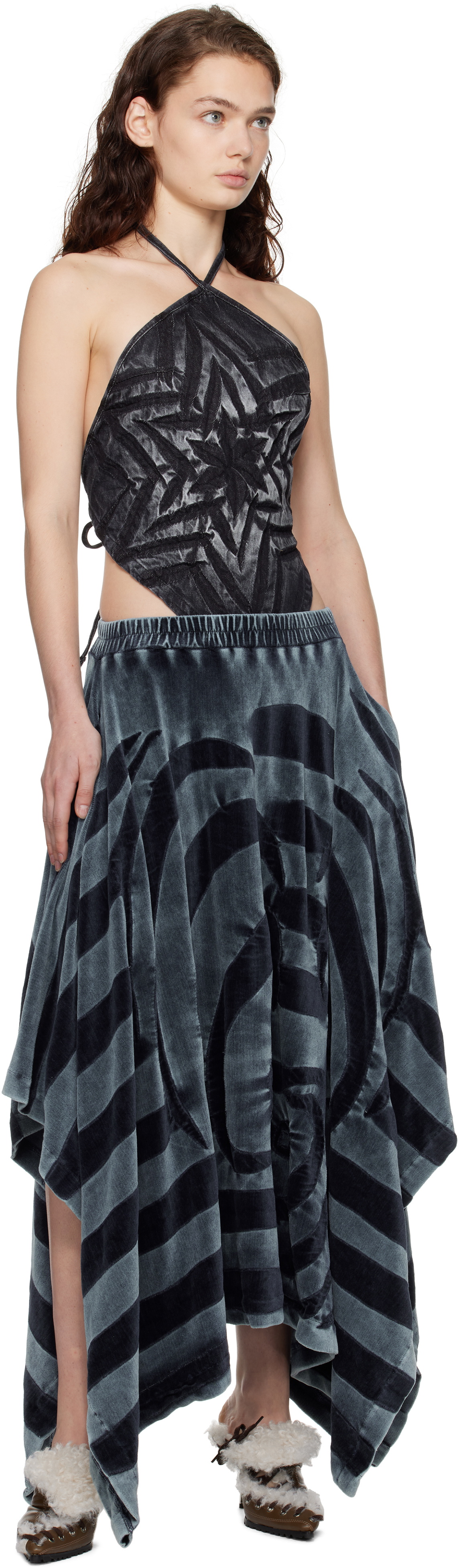 Masha Popova Blue Handkerchief Tracksuit Plush Maxi Skirt