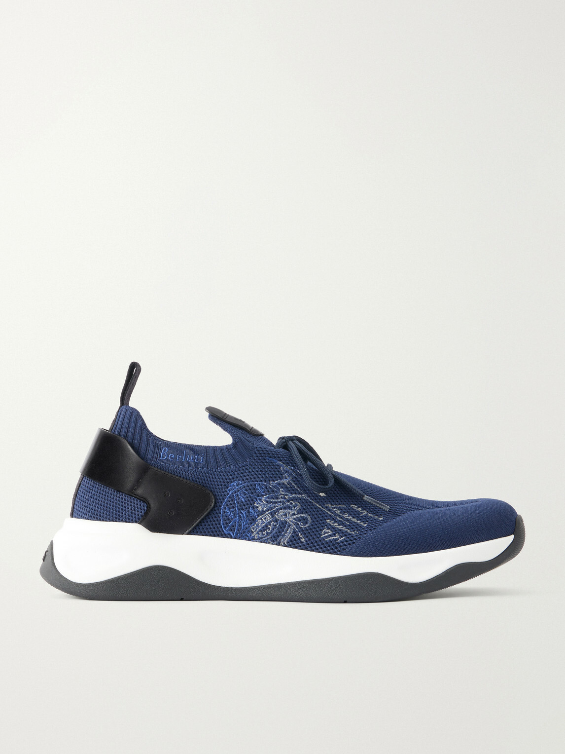 Berluti - Shadow Logo-Embroidered Leather-Trimmed Stretch-Knit Sneakers - Blue