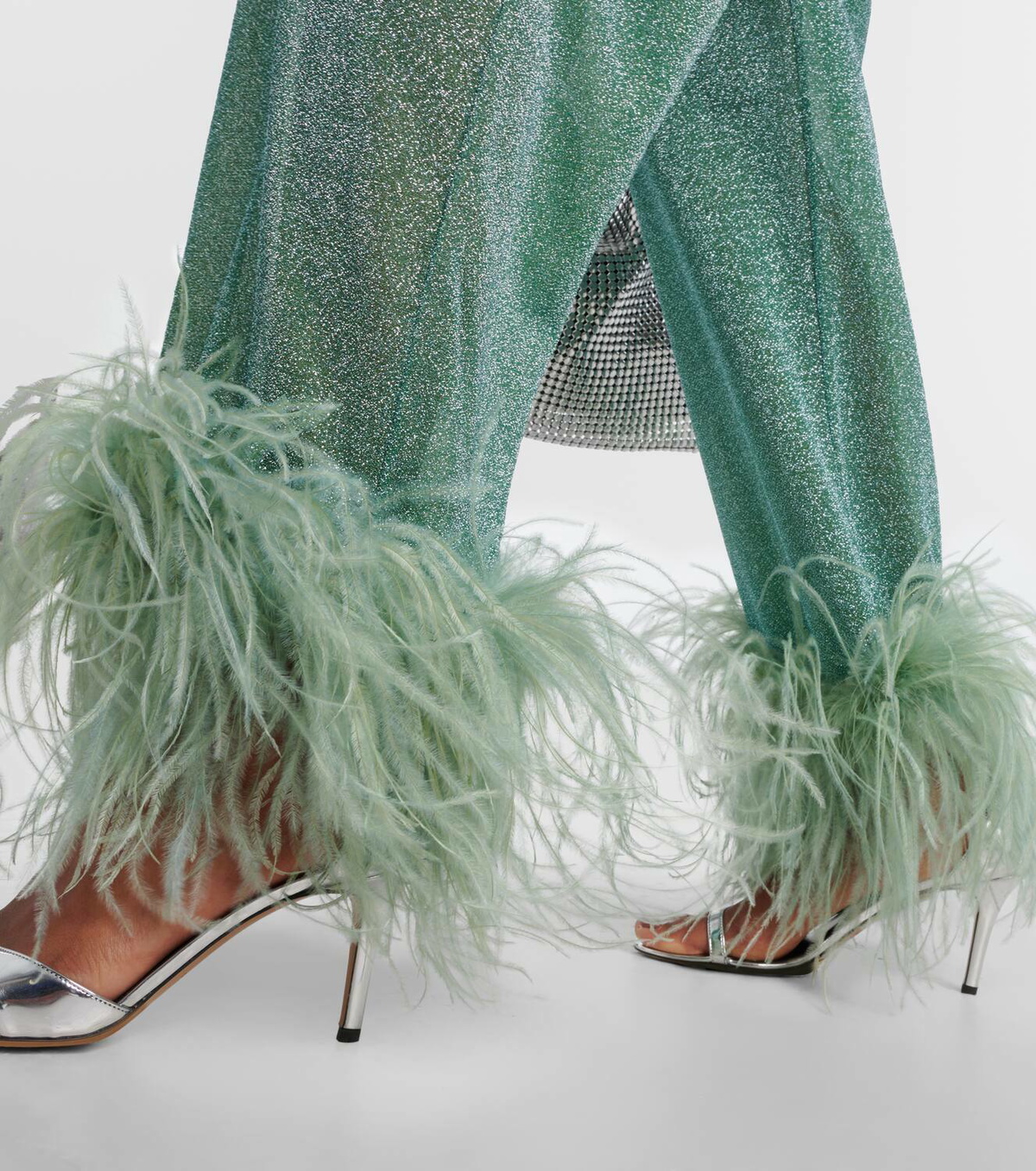 Oséree Lumière Plumage feather-trimmed lamé pants Oseree
