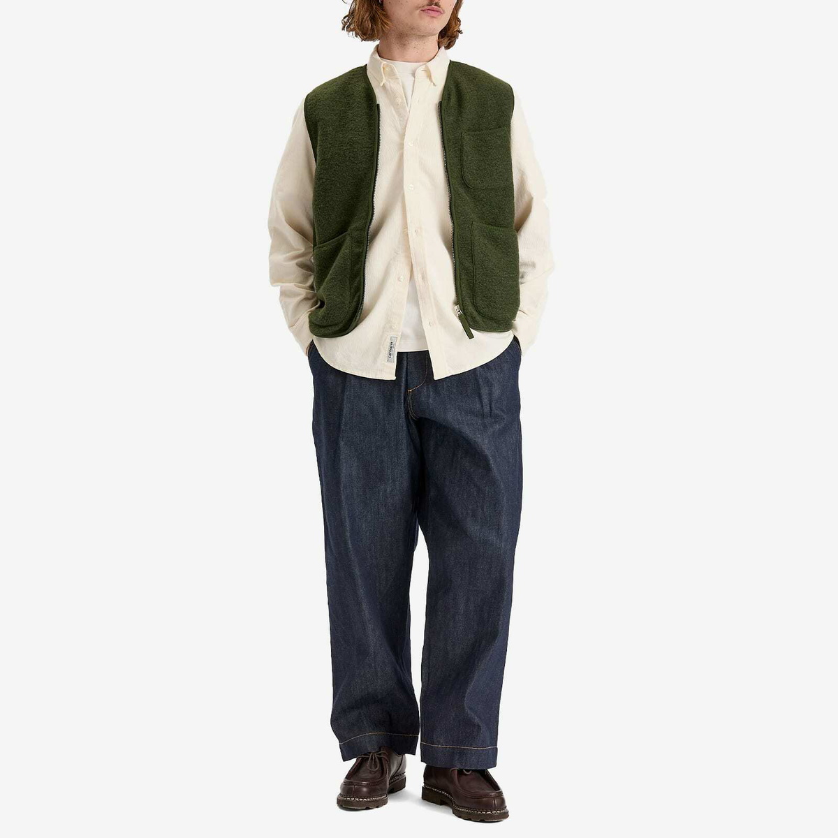 Universal Works Men's Wool Fleece Zip Gilet - Presented by END. in Olive