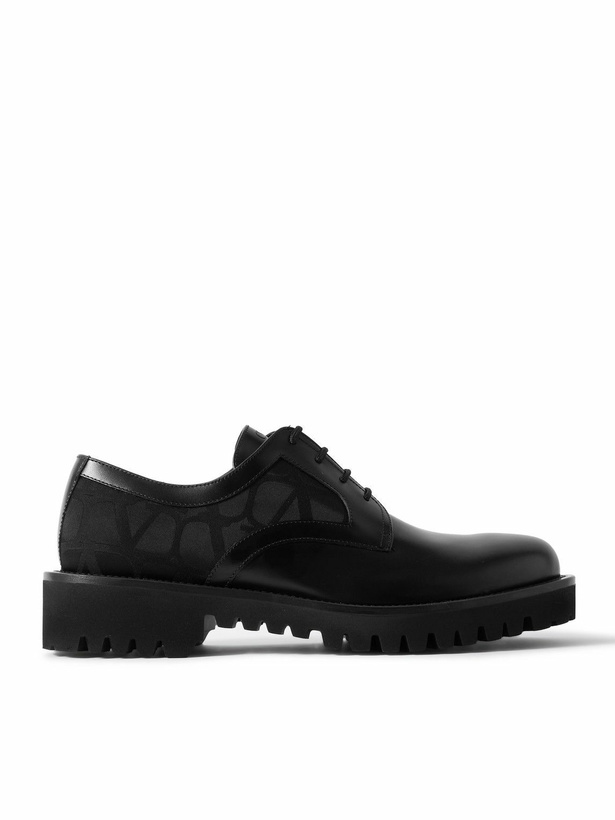 Photo: Valentino Garavani - Glossed-Leather and Logo-Jacquard Satin Derby Shoes - Black