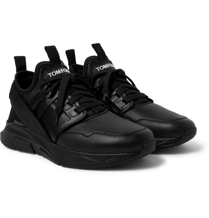 Photo: TOM FORD - Jago Leather and Neoprene Sneakers - Black
