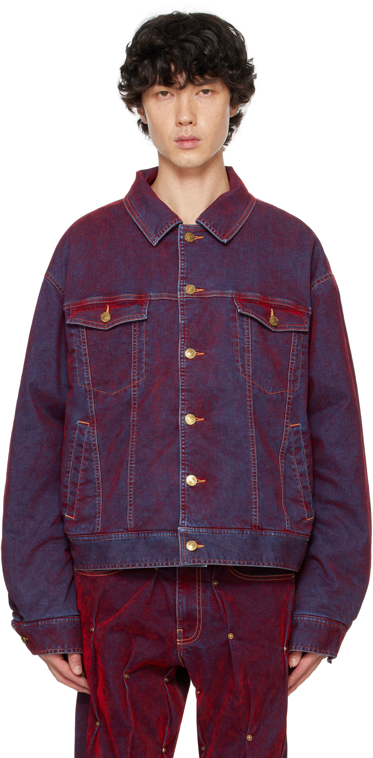 KUSIKOHC Red Velvet Padded Multi Rivet Denim Jacket