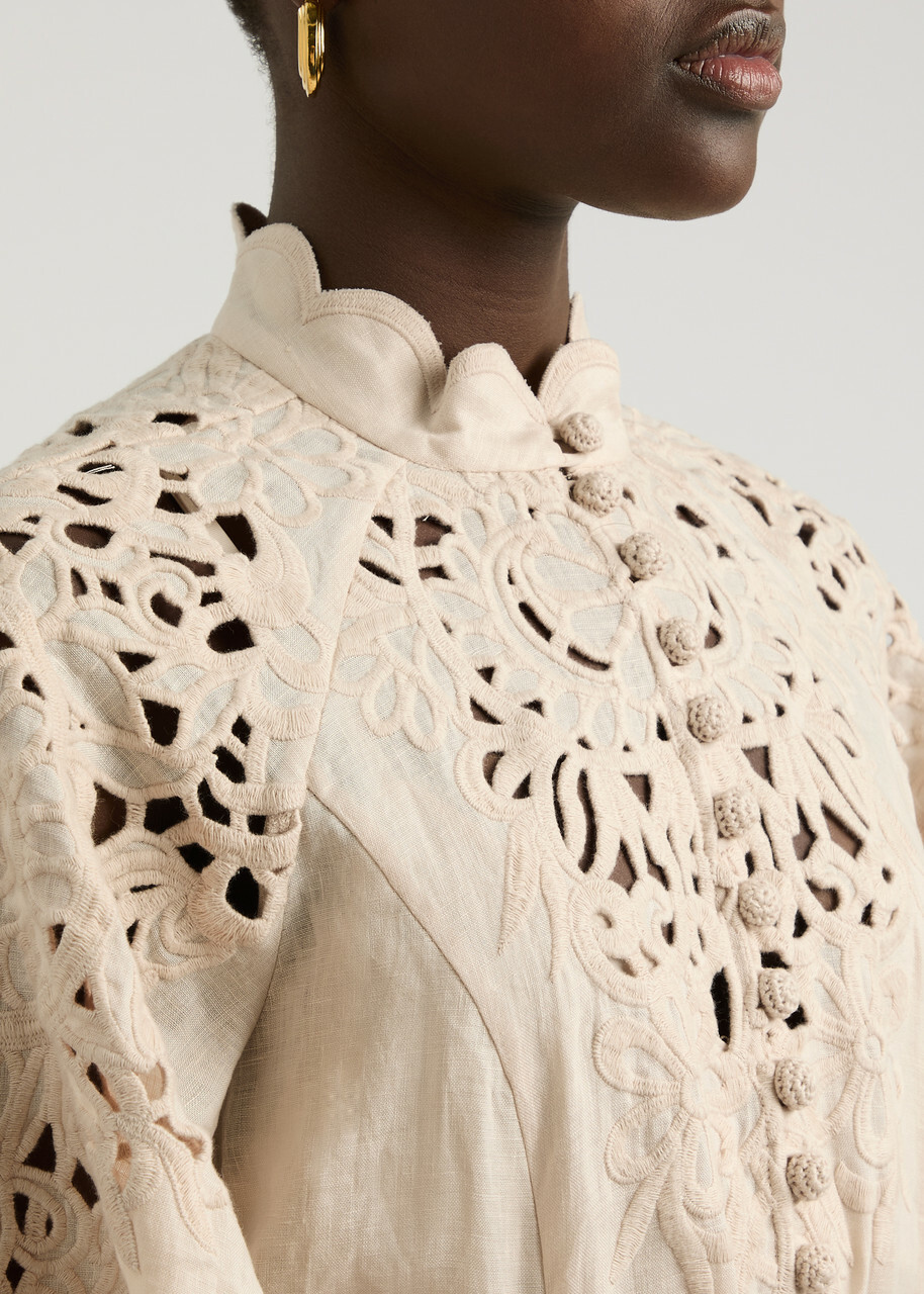 Zimmermann Wylie Embroidered Linen Midi Dress Cream