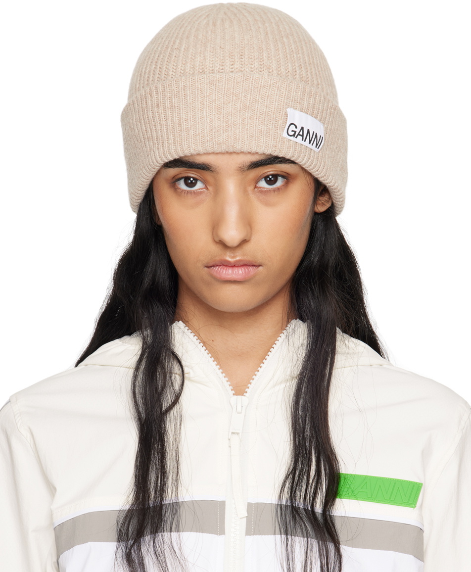 帽子 GANNI Rib Beanie \"BRAZILIAN SAND\" Brazilian Sand Sand Fitted Wool Rib Knit Beanie | GANNI IT
