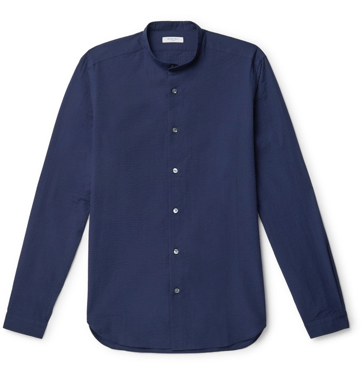Photo: Boglioli - Slim-Fit Grandad-Collar Striped Cotton-Seersucker Shirt - Blue