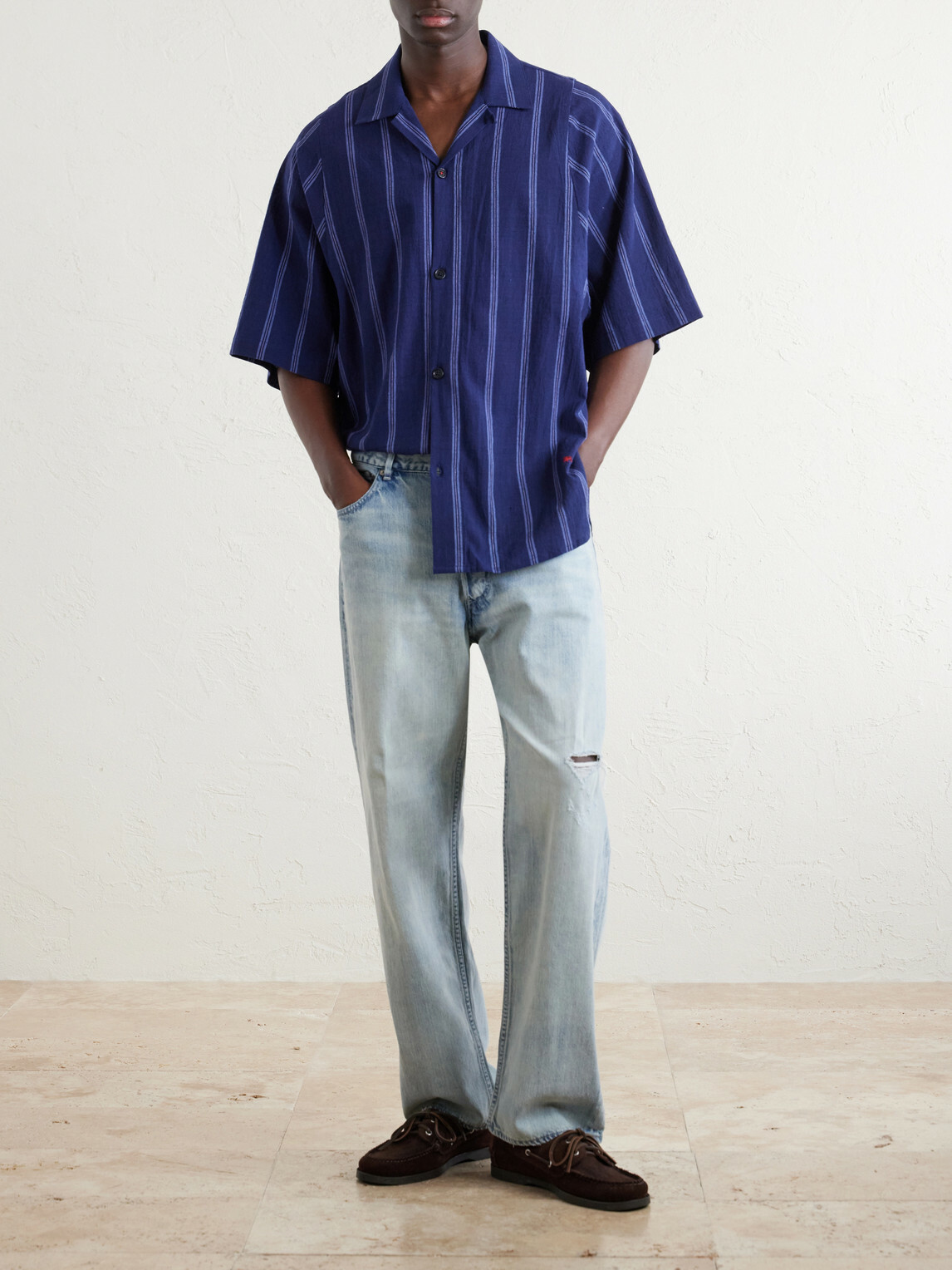 Kardo - Yusuke Camp-Collar Striped Cotton Shirt - Blue