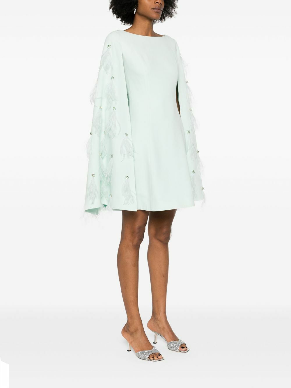 Huishan Zhang Green Feather-Embellished Cape Mini Dress