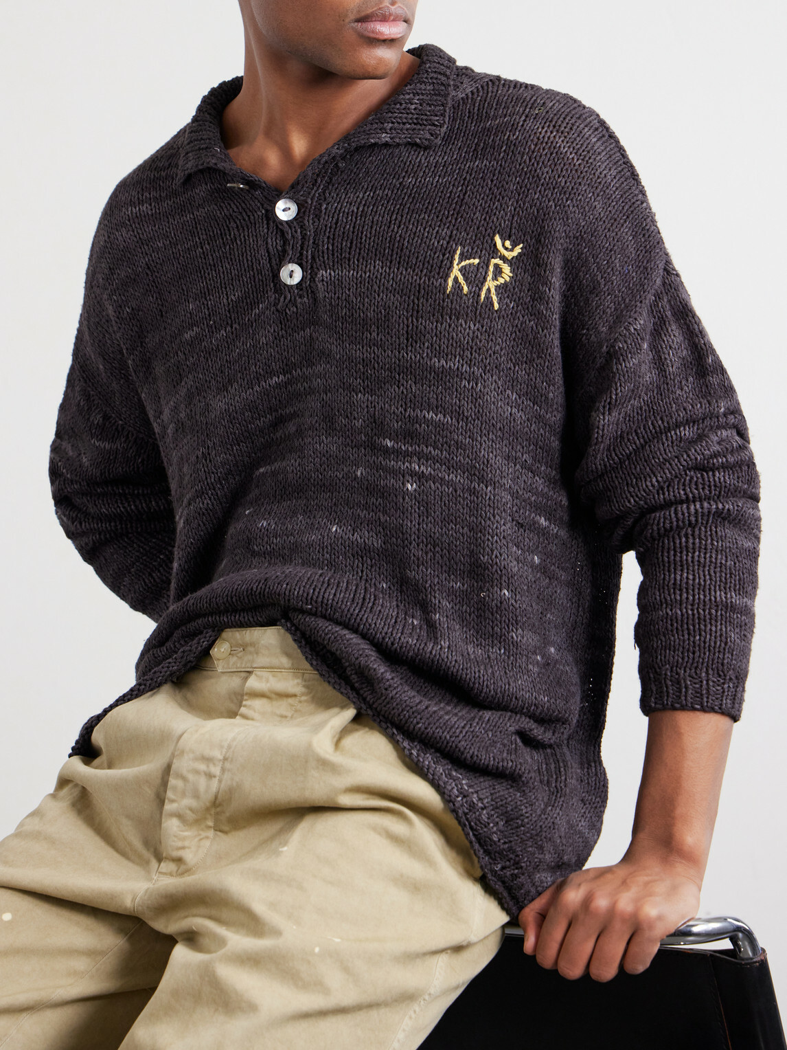 Kartik Research - Eri Logo-Embroidered Knitted Silk Polo Shirt - Brown