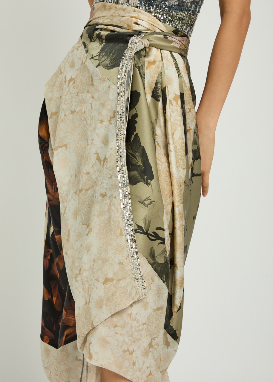 Maison Margiela Floral-print Asymmetric Silk Midi Wrap Skirt Brown