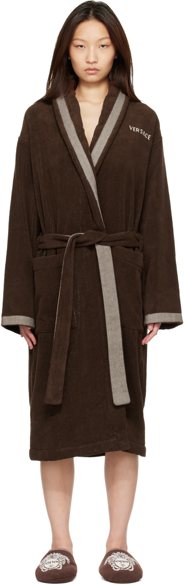 Versace Brown Cotton-Terry Jacquard Bathrobe