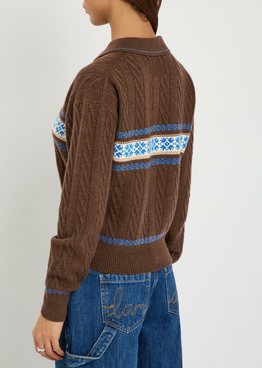 Guest In Residence Cable Collegiate Patterned Wool and Cashmere-blend Polo Shirt Brown
