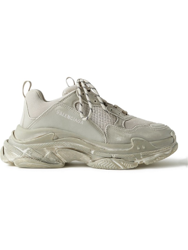 Photo: Balenciaga - Triple S Mesh and Distressed Leather Sneakers - Neutrals