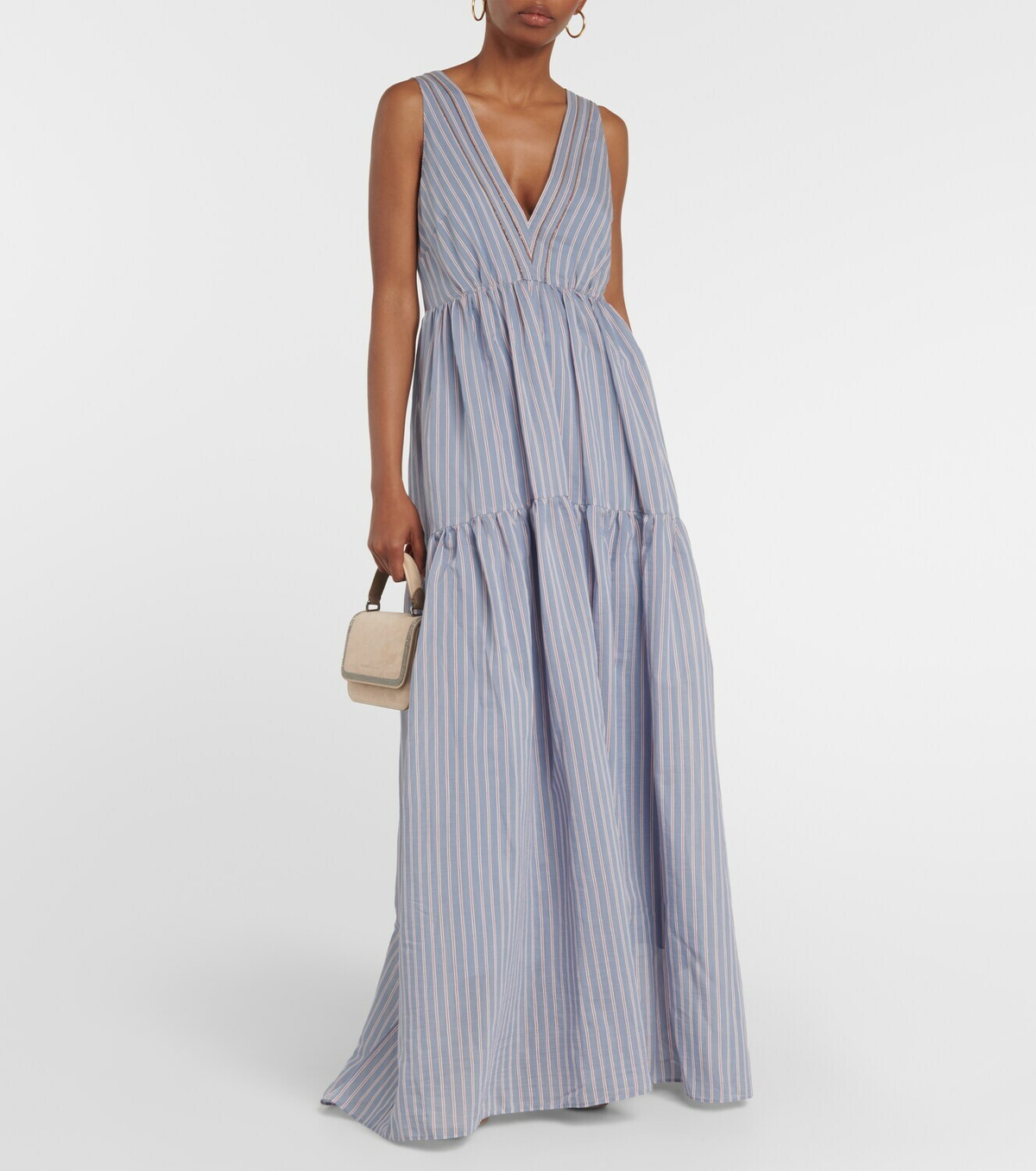 Striped Cotton And Silk Maxi Dress in Brown - Brunello Cucinelli