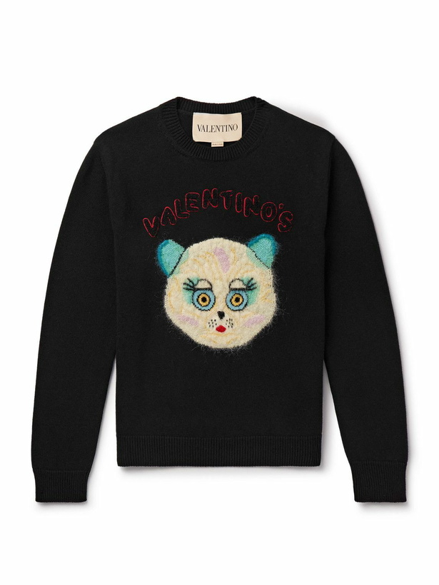 Photo: Valentino Garavani - Logo-Appliquéd Intarsia-Knit Cotton and Virgin Wool-Blend Sweater - Black