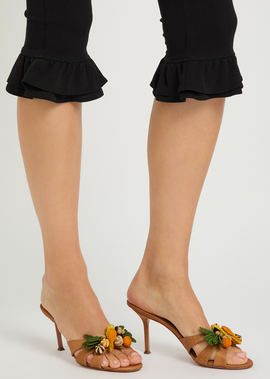 Aquazzura Birdsong 75 Appliquéd Woven Raffia Mules Camel