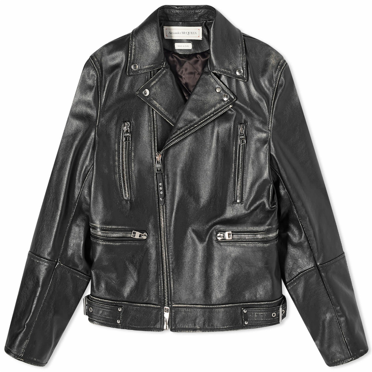 Photo: Alexander McQueen Men's Distressed Essential Leather Biker Jacket in Black/Ivory