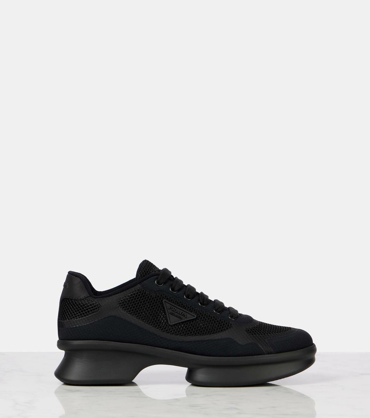 さりげなさ◇Leather ＆ Re-Nylon スニーカー◇PRADA Black Leather and Re-Nylon high-top sneakers | PRADA