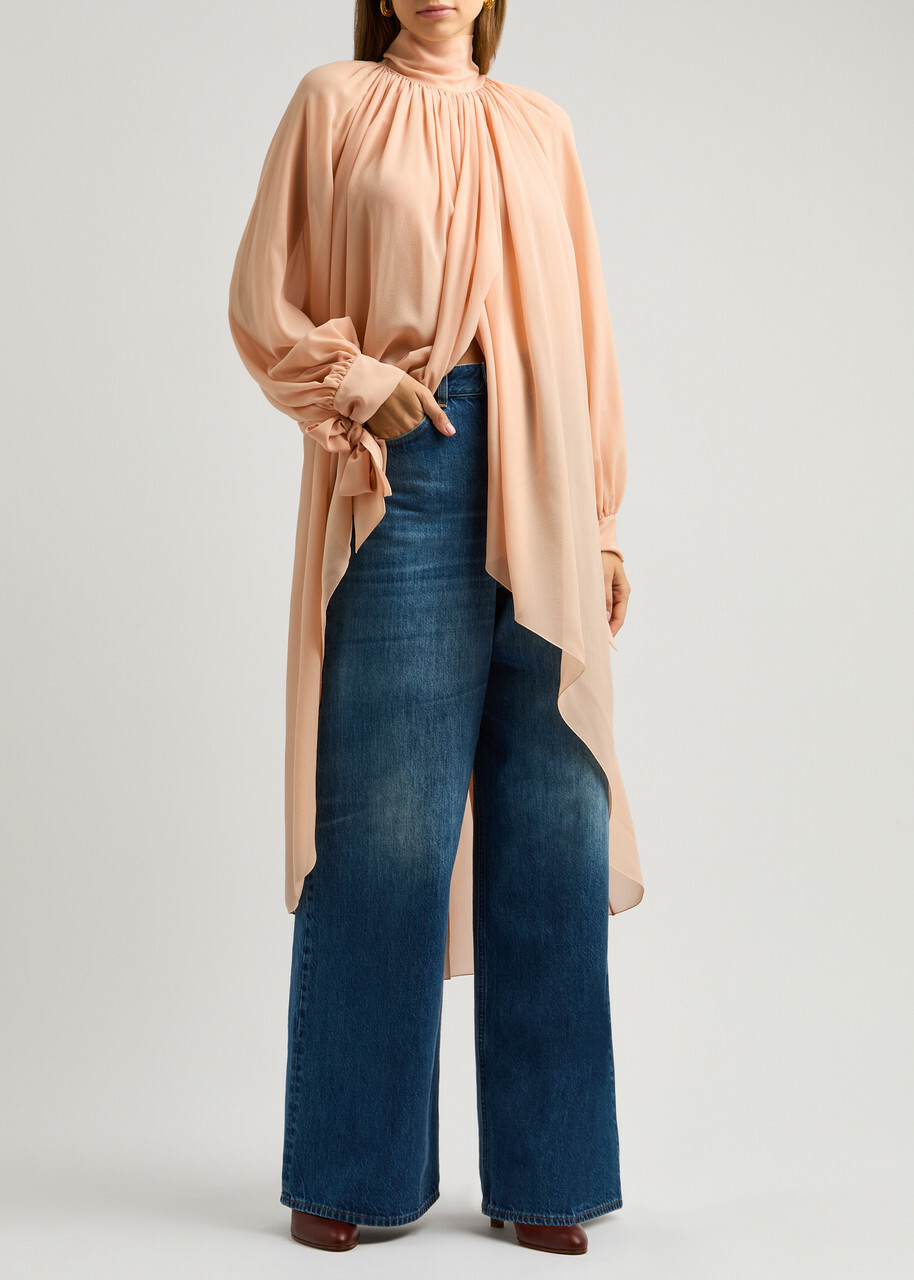 Chloe Women's Silk-Georgette Pink Light Tunic Top Size 36 (UK8 / S), Semi-Sheer & Tie Fastening High-Neck