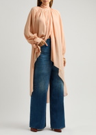 Chloe Women's Silk-Georgette Pink Light Tunic Top Size 36 (UK8 / S), Semi-Sheer & Tie Fastening High-Neck