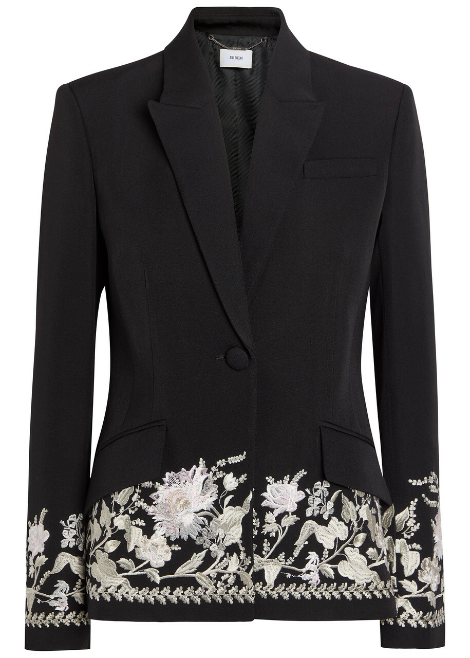 Erdem Floral-embroidered Wool Blazer Black
