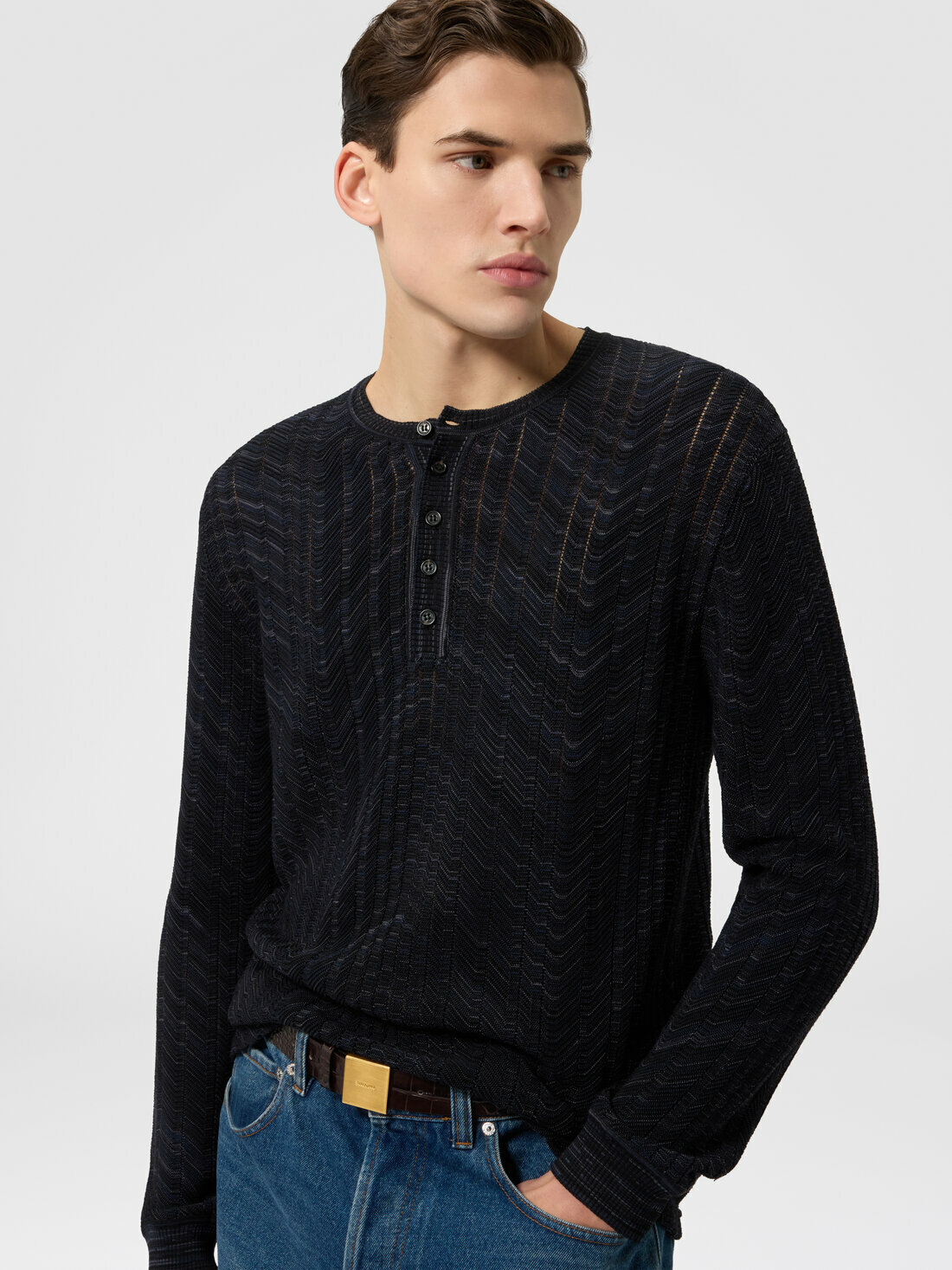 Missoni - Long-sleeve viscose and cotton henley shirt, Men, Black & Grey
