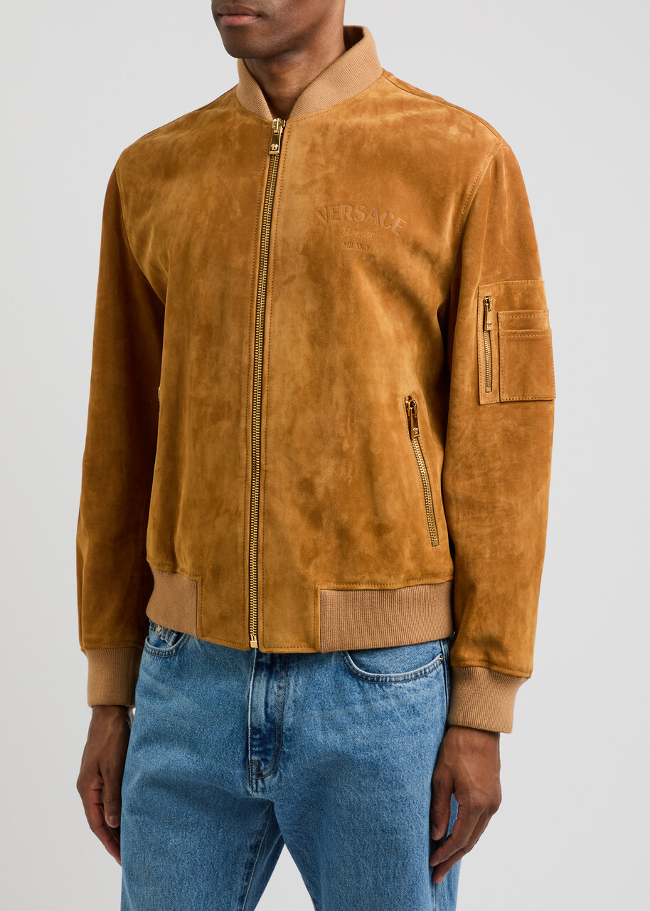 Versace Logo-debossed Suede Bomber Jacket Tan