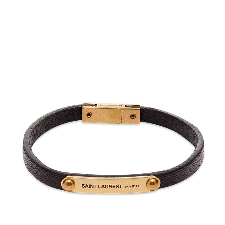Photo: Saint Laurent Men's Leather Id Plaque Bracelet in Brown/Gold