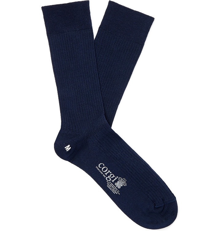 Photo: Corgi - Ribbed Mercerised Cotton-Blend Socks - Blue