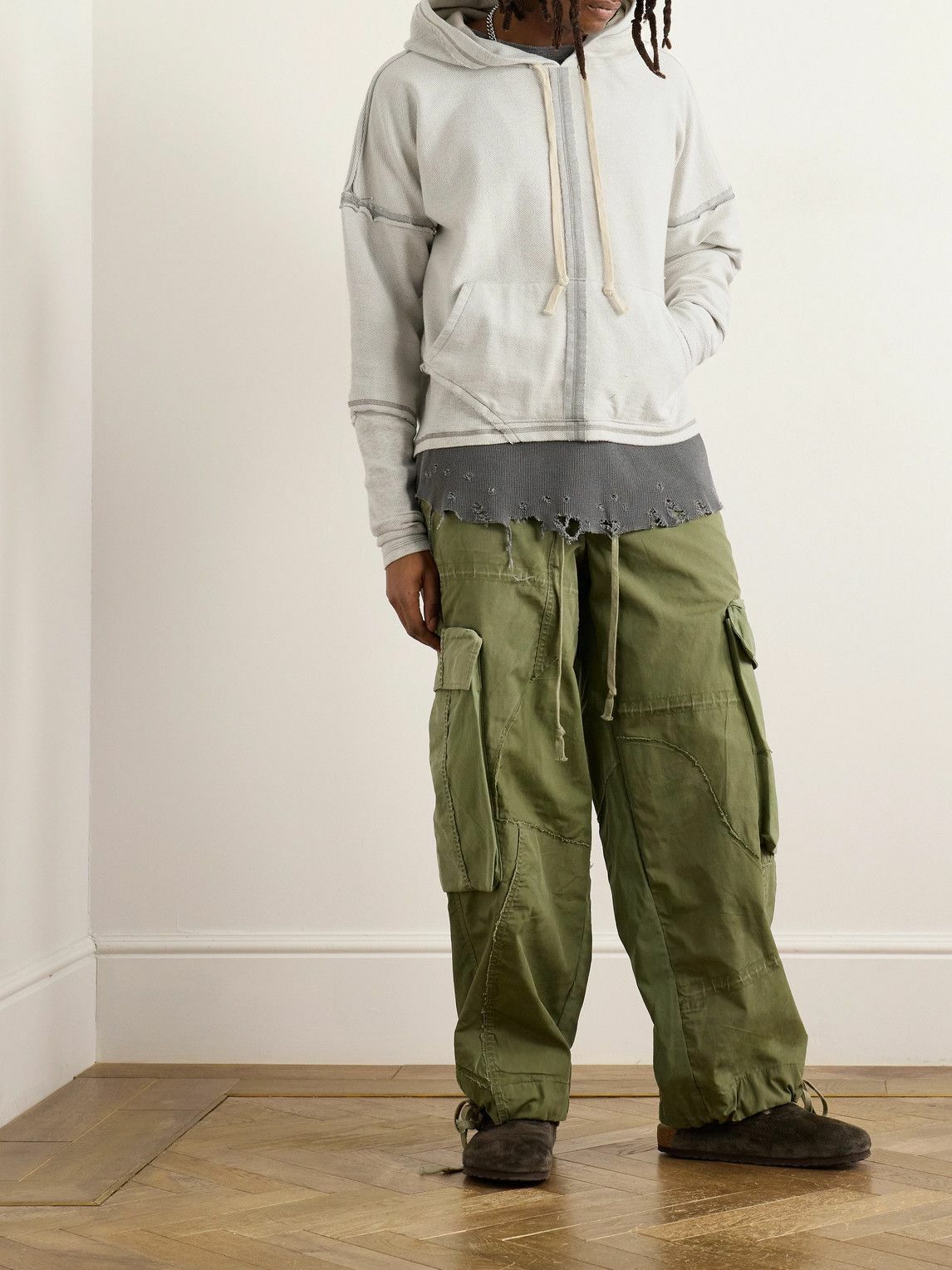 Greg Lauren - Frayed Cotton-Jersey Hoodie - Gray