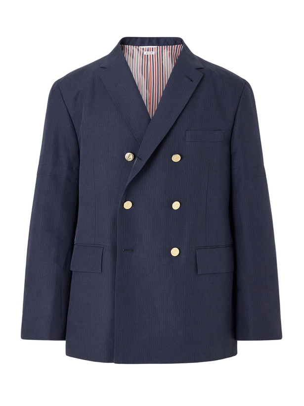 Photo: Thom Browne - Double-Breasted Striped Cotton and Linen-Blend Blazer - Blue