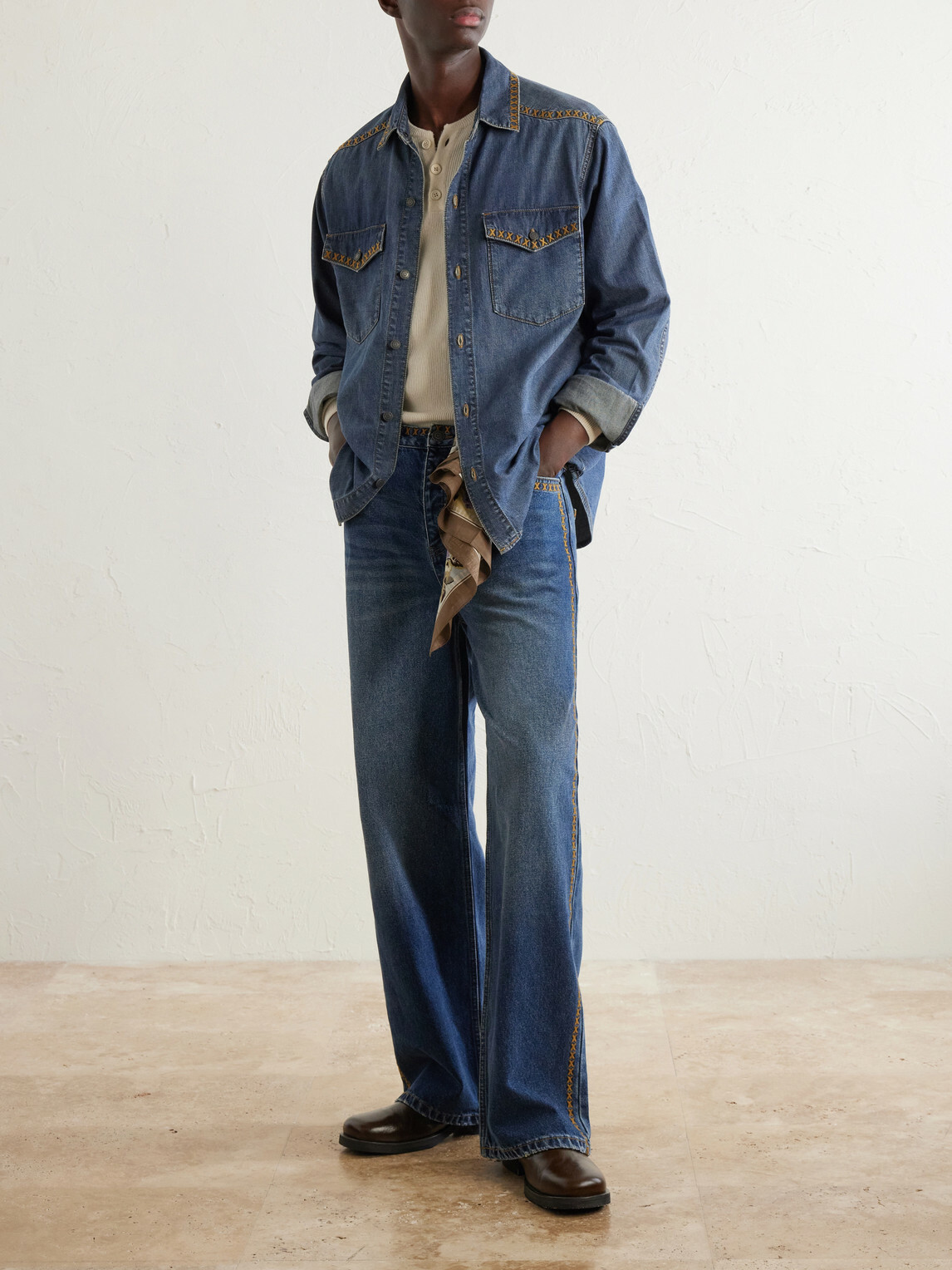 MANAAKI - Tukutuku Straight-Leg Embroidered Organic Jeans - Blue