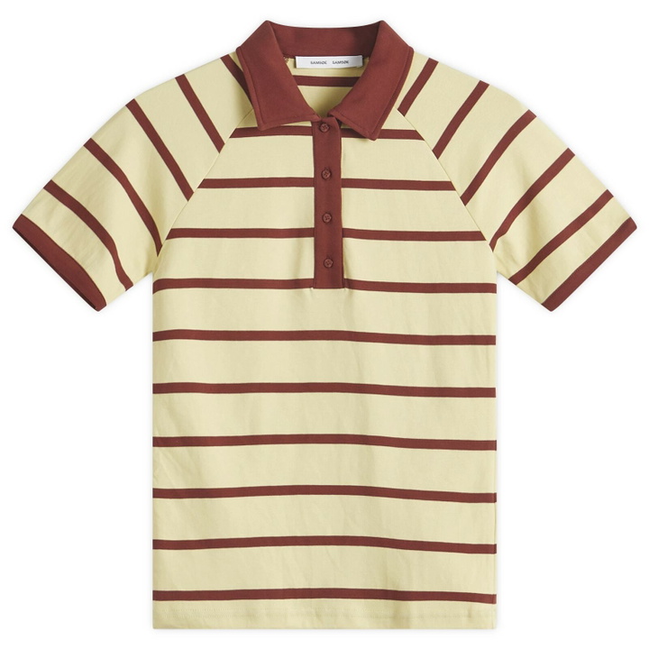 Photo: Samsøe Samsøe Women's Saamy Short Sleeve Polo Top in Yellow Brick Stripe
