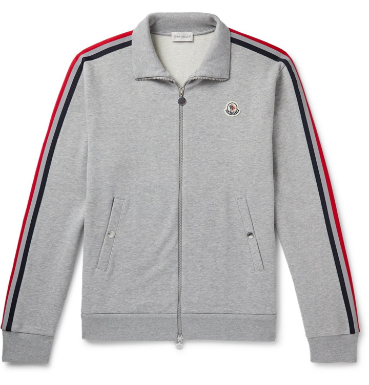 Photo: Moncler - Striped Melangé Loopback Cotton-Jersey Zip-Up Sweatshirt - Gray