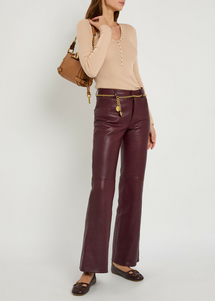 Chloe Flared-leg Grained Leather Trousers Dark Red
