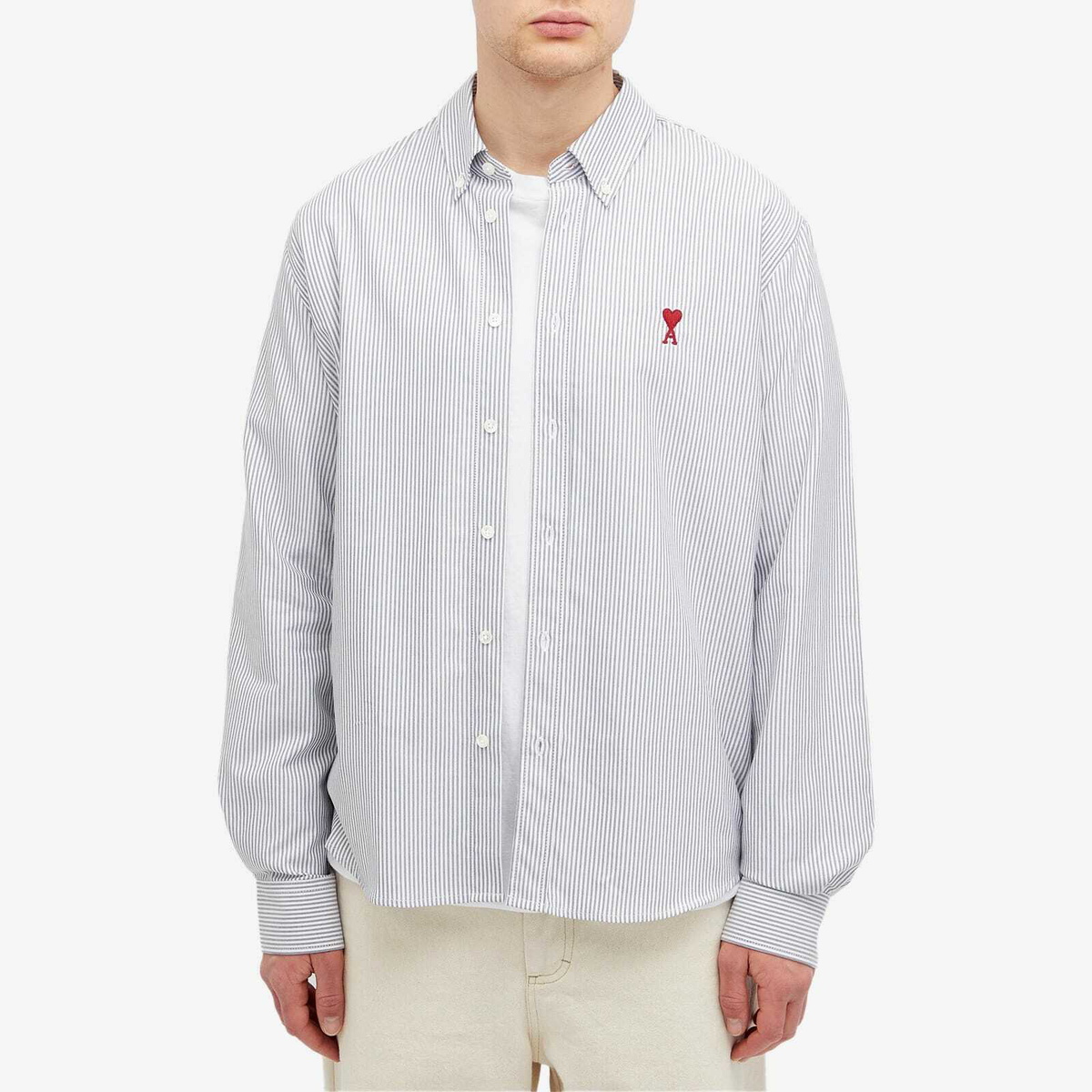 AMI Paris Men's Heart Striped Button Down Oxford Shirt in Black/Natural White