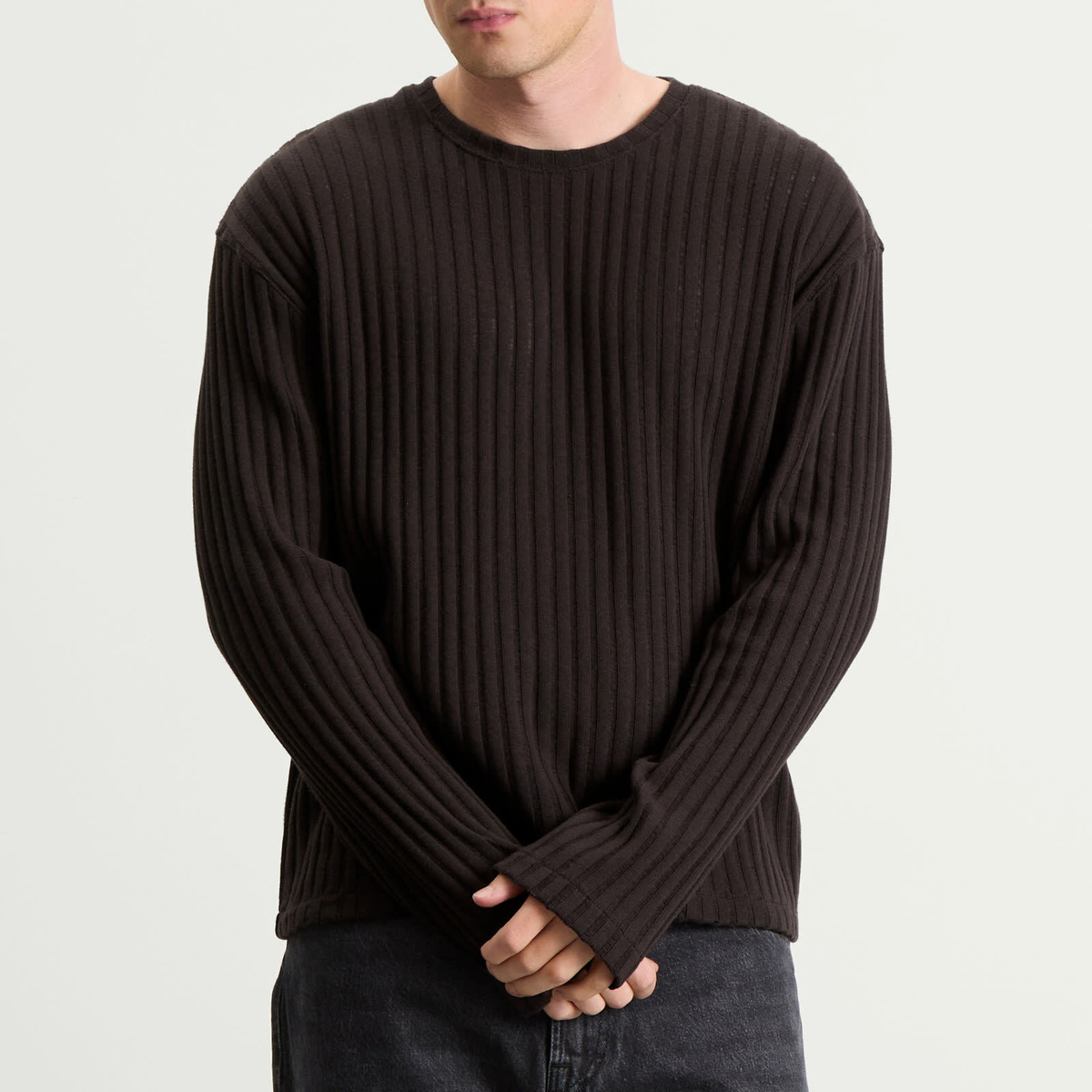 mfpen Men's Round Neck Sweater in Dark Brown Ajour Stripe