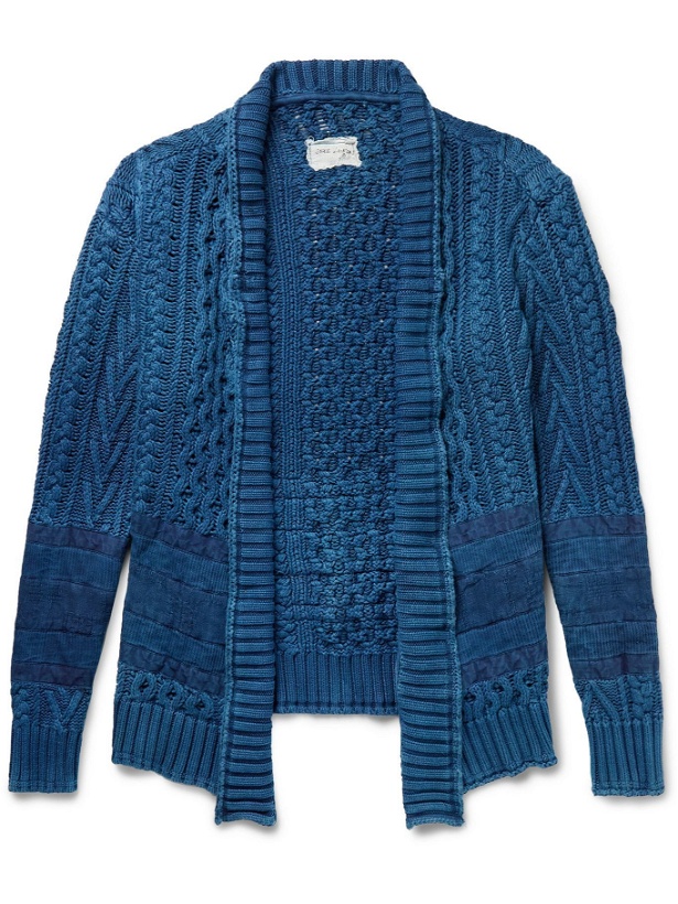 Photo: Greg Lauren - Panelled Distressed Cable-Knit Cotton Cardigan - Blue