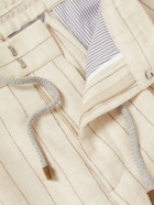 Brunello Cucinelli - Straight-Leg Pleated Pinstriped Linen-Blend Drawstring Trousers - Neutrals