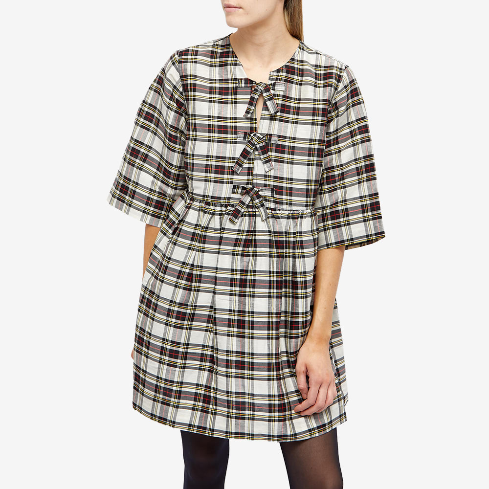 GANNI Women's Silk Check Ribbon Mini Dress in Check Egret GANNI
