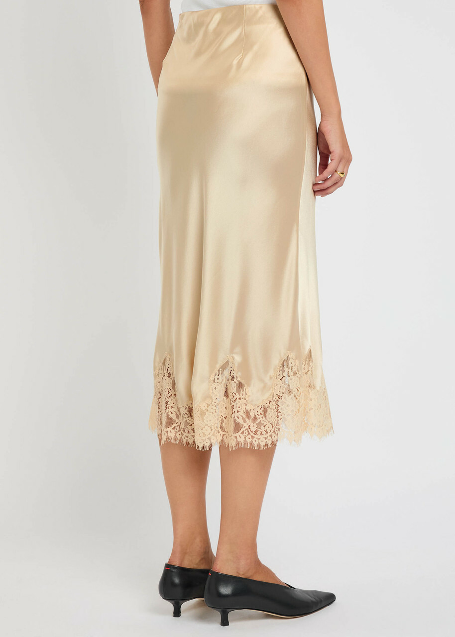 Reformation Carolina Lace-trimmed Silk-satin Midi Skirt Beige
