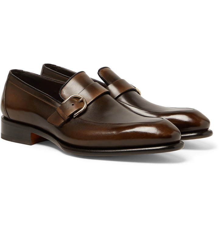 Photo: Santoni - Burnished-Leather Buckled Loafers - Brown