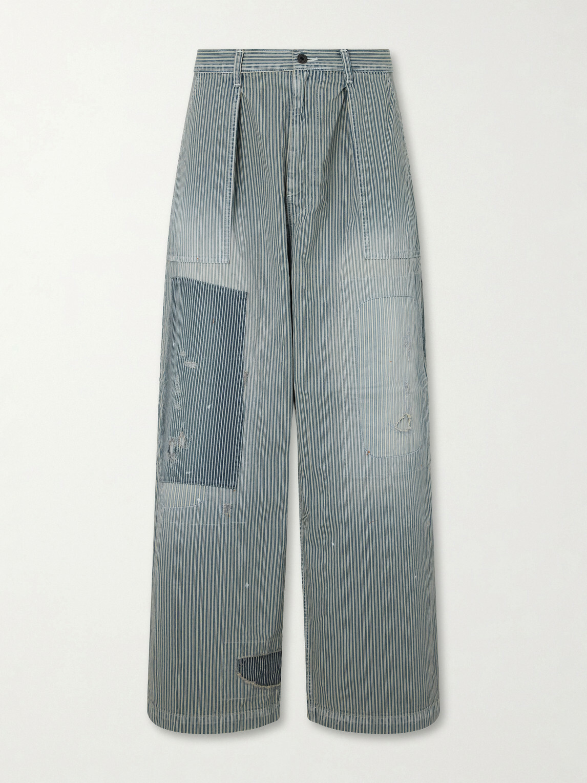KAPITAL - Liberty Hicoree Fatigue Wide-Leg Striped Distressed Patchwork Cotton-Twill Trousers - Blue