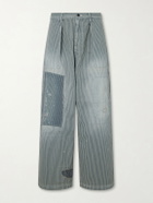 KAPITAL - Liberty Hicoree Fatigue Wide-Leg Striped Distressed Patchwork Cotton-Twill Trousers - Blue