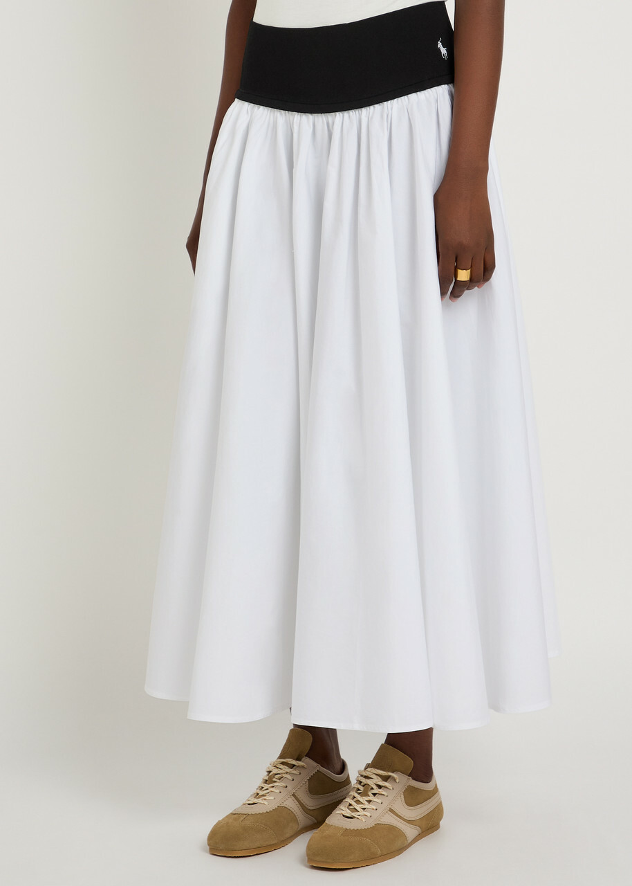 Polo Ralph Lauren Logo-embroidered Cotton-poplin Maxi Skirt White And Black