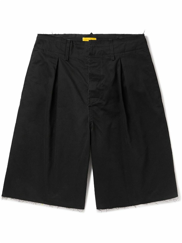 Photo: AIREI - Straight-Leg Frayed Pleated Organic Cotton Shorts - Black
