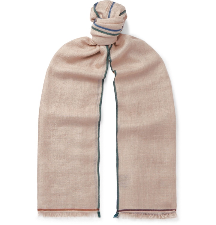 Photo: Loro Piana - Fringed Contrast-Trimmed Cashmere, Silk and Hemp-Blend Scarf - Neutrals