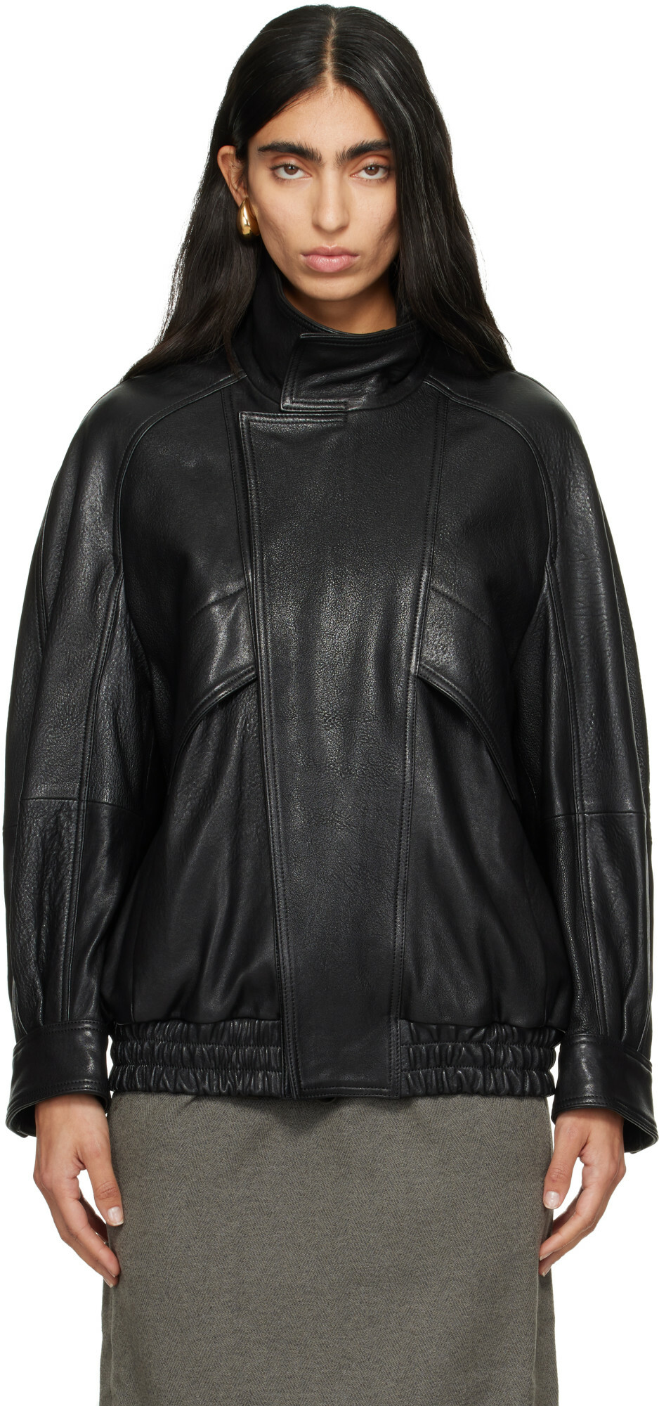 Nour Hammour Black Ariste Funnel Leather Bomber Jacket