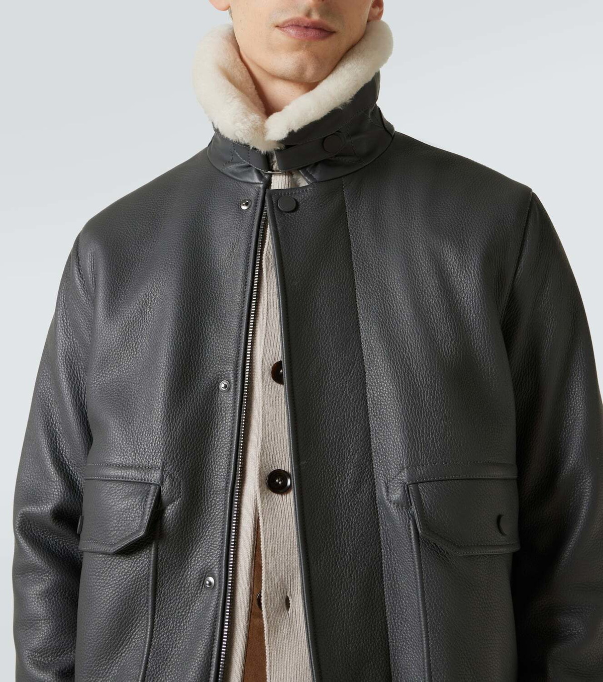 Brioni Shearling-trimmed leather bomber jacket