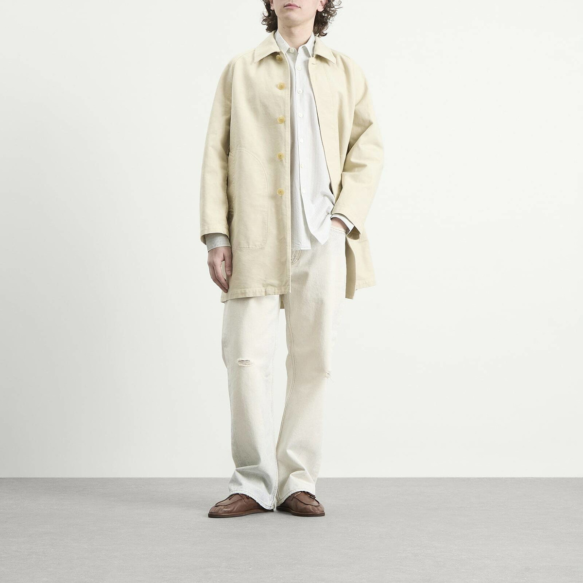 Auralee Men's Garment-Dyed Cotton Heavy Twill Short Coat in Dusty Ivory